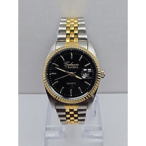 Galaxie By Elgin Two Tone Fluted Bezel Quartz Date Watch New Battery 37mm Mens - Picture 1 of 10
